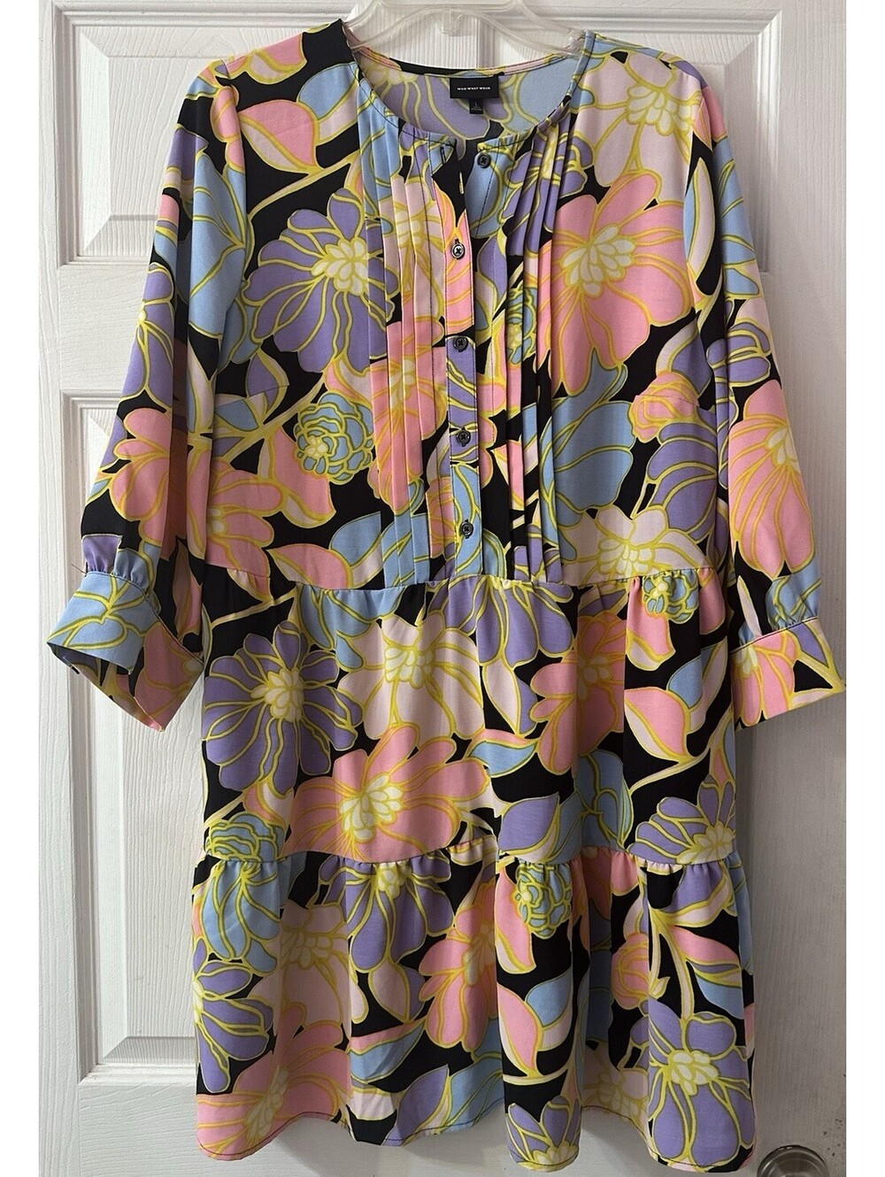Who What Wear Dress Large Retro Floral Tiered Midi Pink Purple Blue Boho